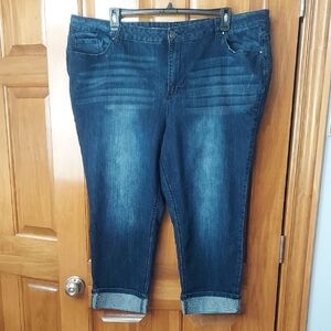 • Avenue Women's Denim Sparkly Cuffed Dark Blue Jeans, Stretchy, Size 26W, New